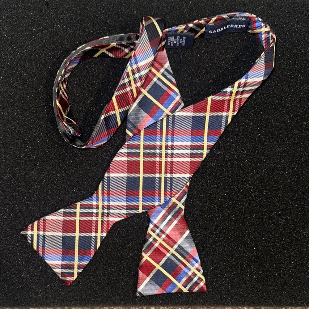 Saddlebred Red, Navy and Yellow Plaid Self-Tie Bow Tie
